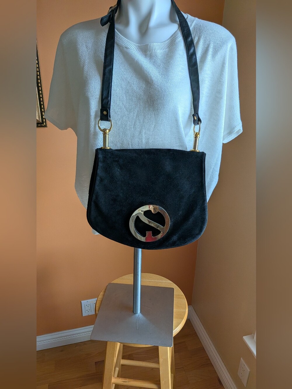 Vintage Susan Gail Black Suede Shoulder Bag with Gold Accent